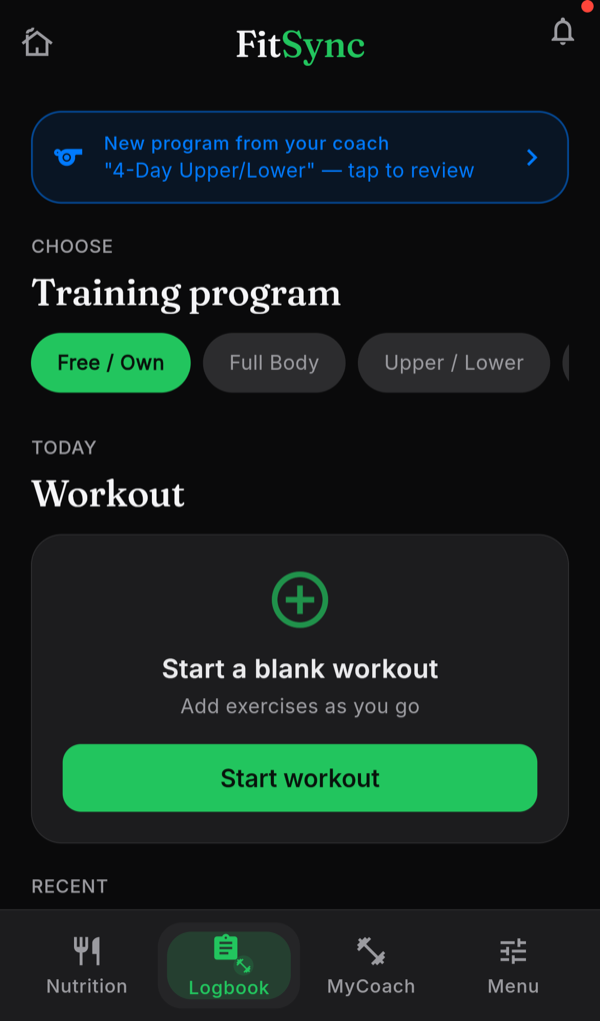 FitSync logbog — nyt program fra din coach